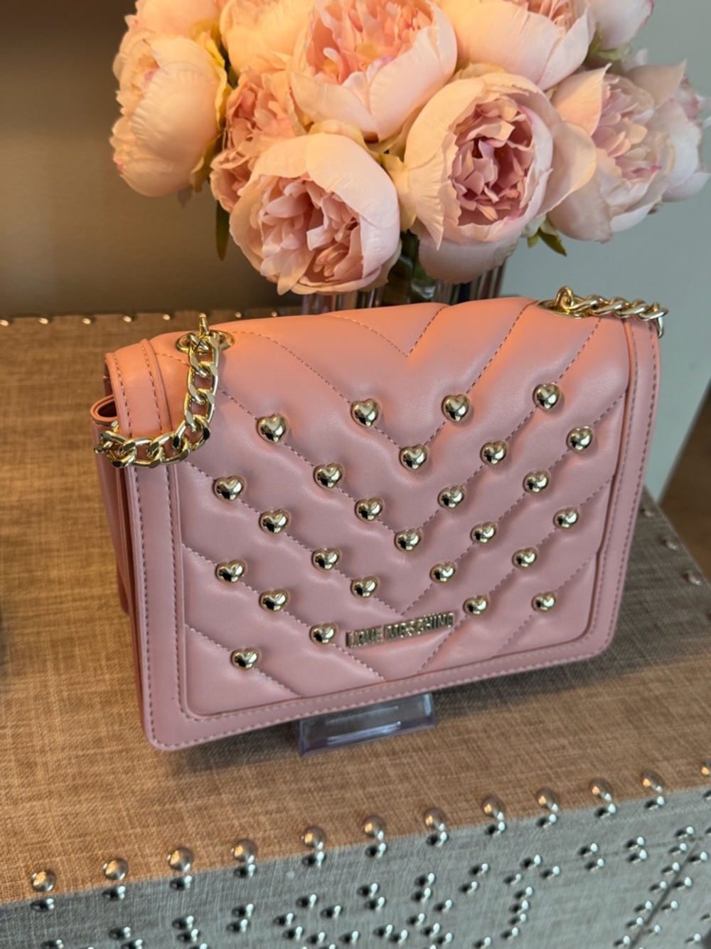 New Love Moschino Blush Quilted Crossbody with Gold Heart Studs
